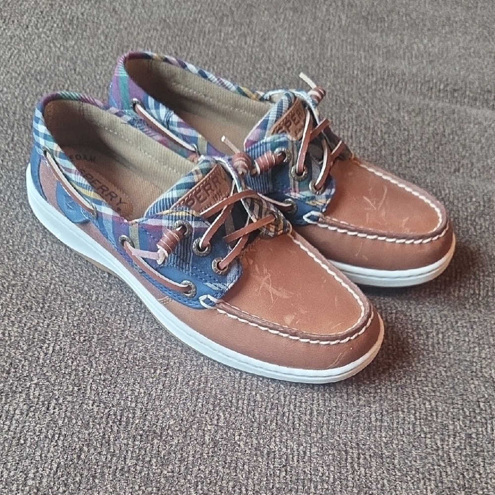 Sperry Tan and Blue Plaid Men's Boat Shoes